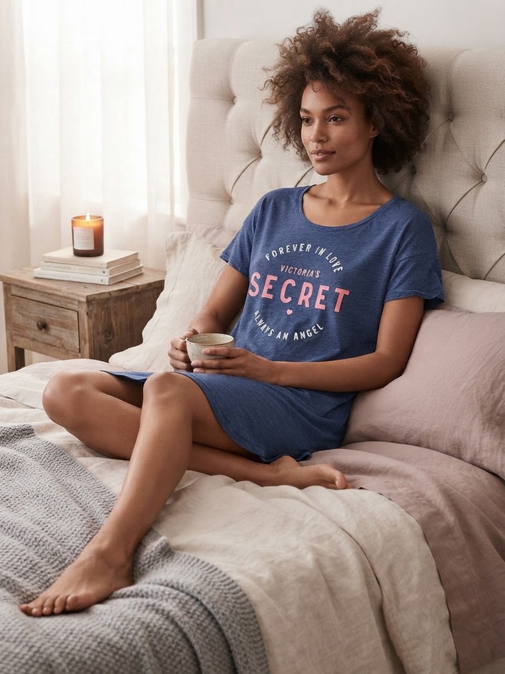 Victoria's Secret Navy Blue Short Sleeve Logo Sleep Tee with Pink Print